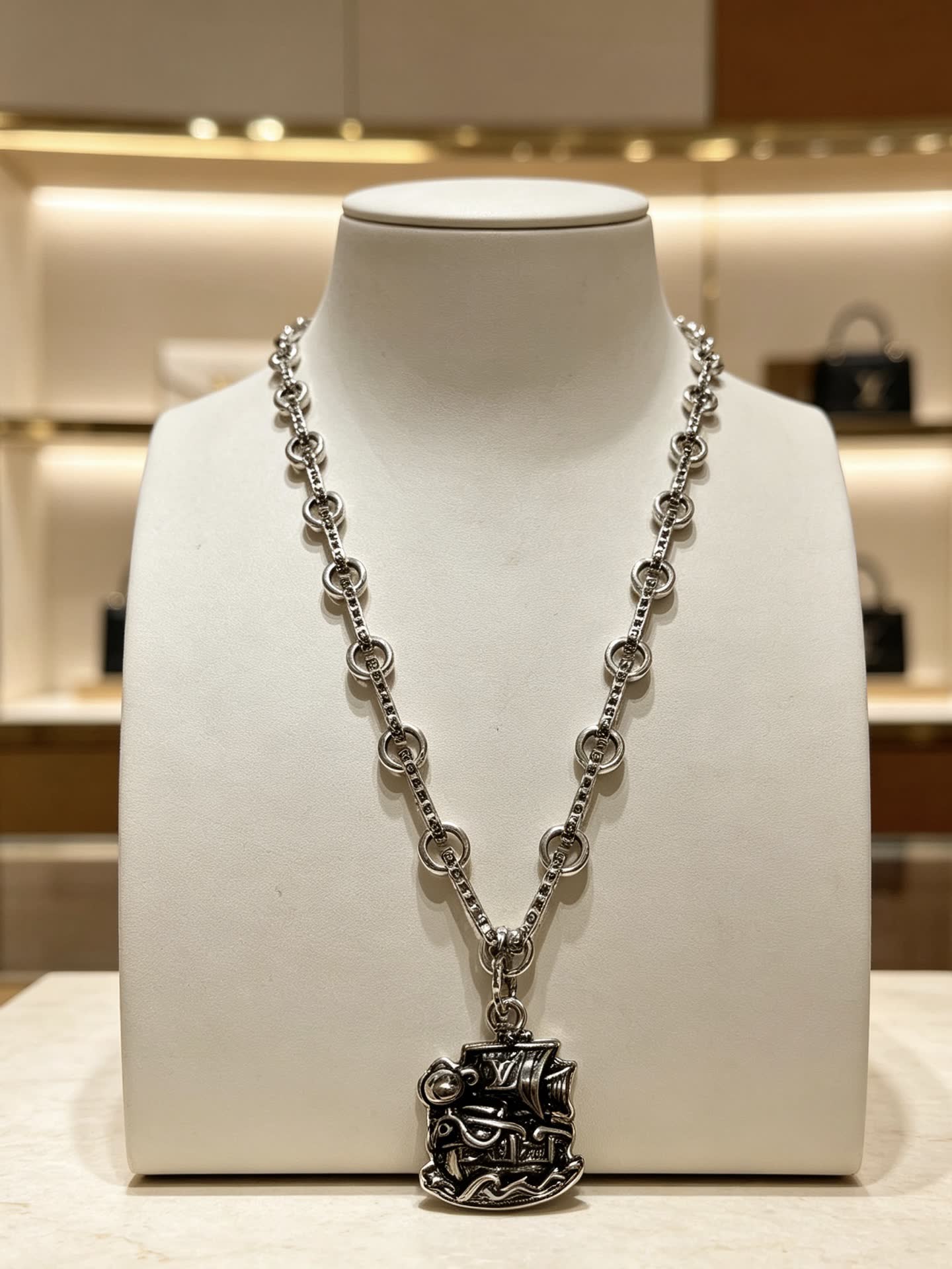Louis Vuitton Silver Chain with Pirate Ship Pendant